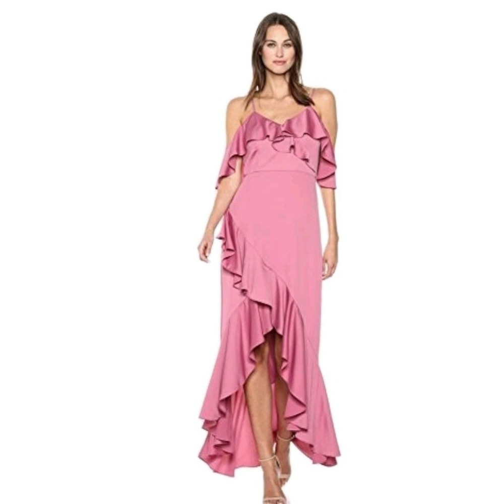 Nicole Miller Pink Ruffle Romantic Maxi Gown Dress Wedding Guest Formal RTL $248